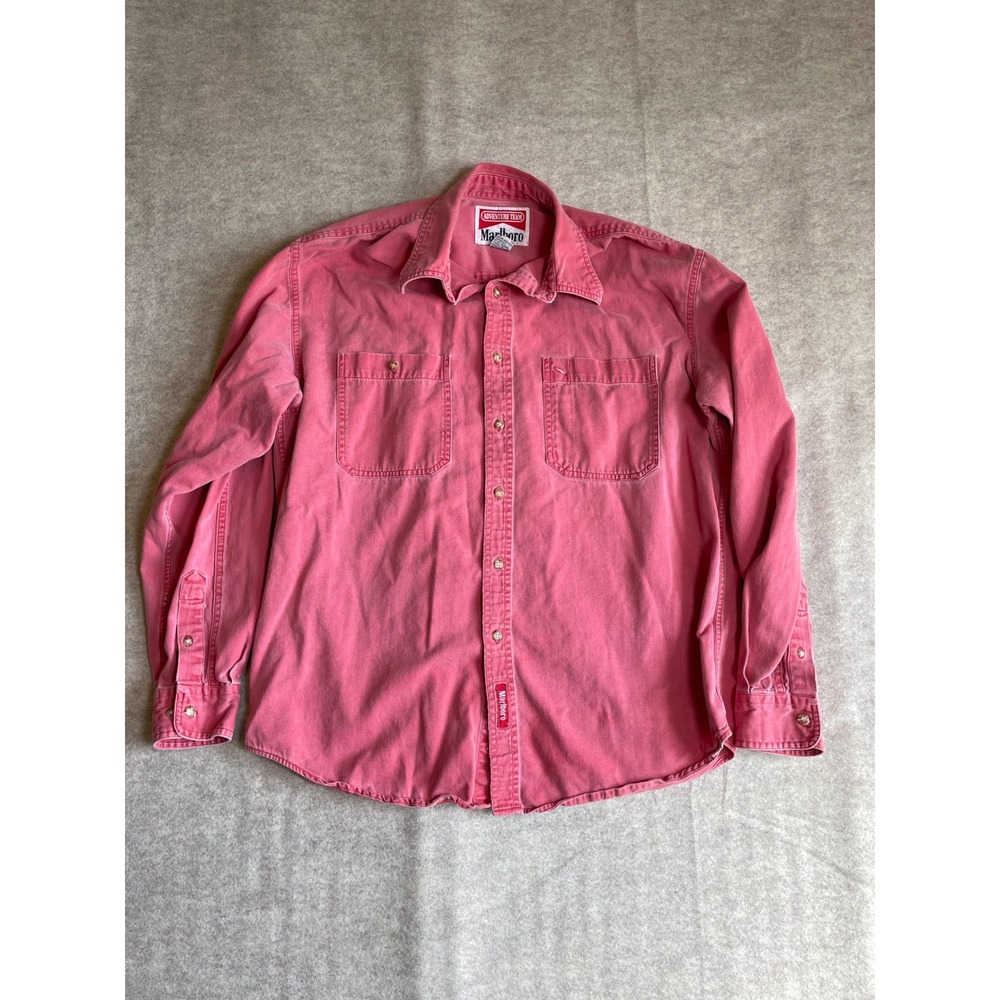 Vintage Marlboro Adventure Team Red Faded Cotton Button Down Shirt Mens Medium